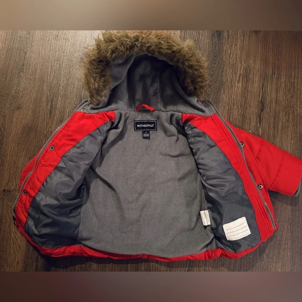 Red Hooded Puffer Jacket with Faux Fur Trim